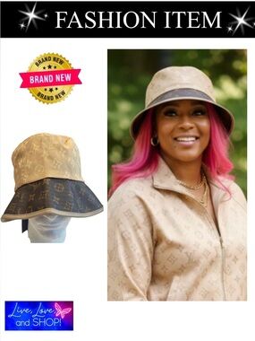 HAT: Brown & Beige Polyester Monogram & PU Leather Bucket, NWT